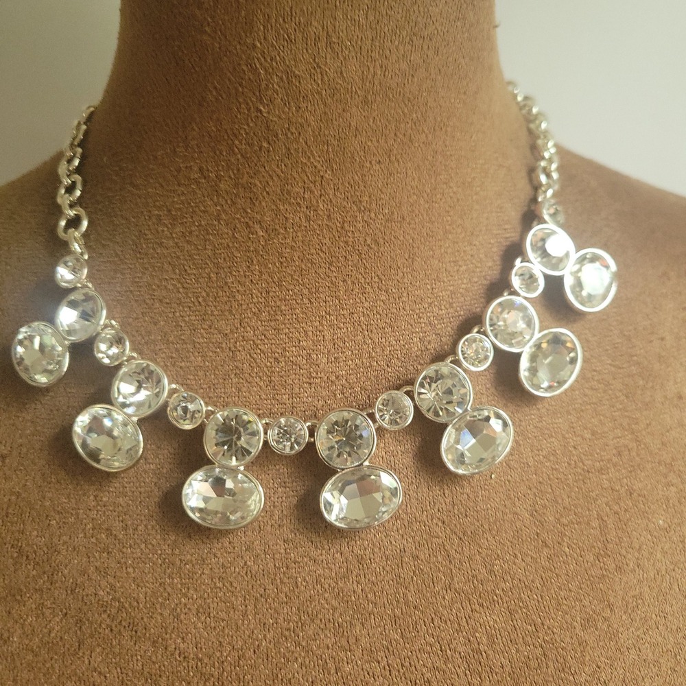 Anne Klein Silver Tone Clear Crystal Statement Collar Necklace Adjustable 19 In